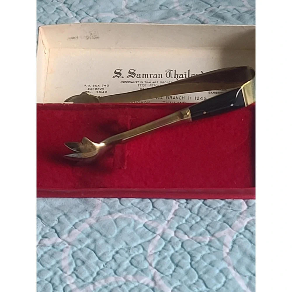 Thailand Original Box Vintage Brass Serving Tongs Claw End‎ Faux Horn Handle ~7